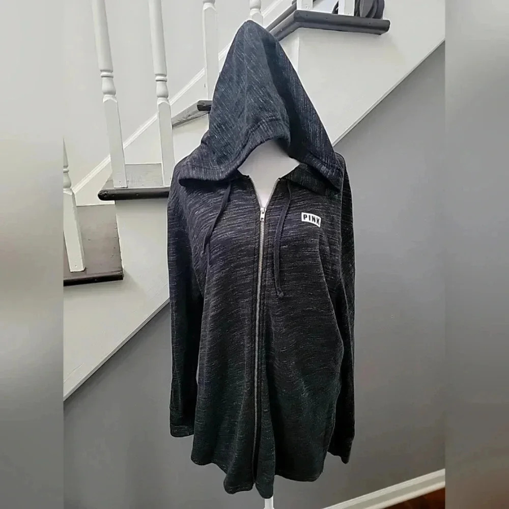 Victoria’s Secret VS PINK Full Zip Logo Hoodie Black Print Size Medium Marled